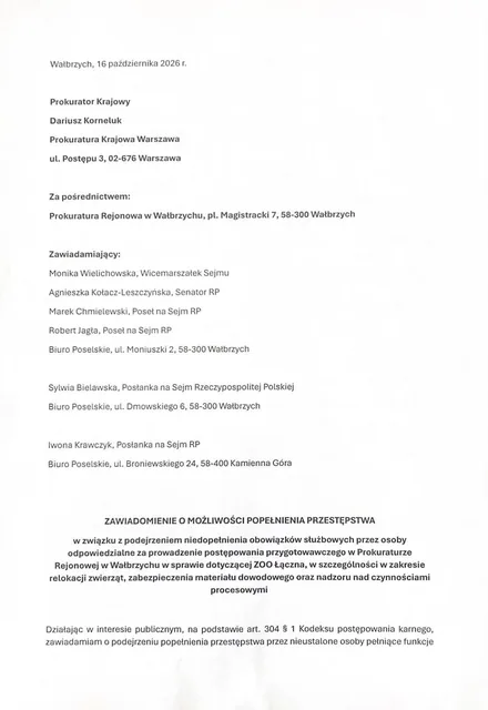Posłowie i senatorowie interweniują w sprawie Zoo Łączna