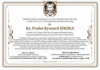 Zmarł ks. prał. Ryszard Szkoła, był proboszcz wałbrzyskiej parafii