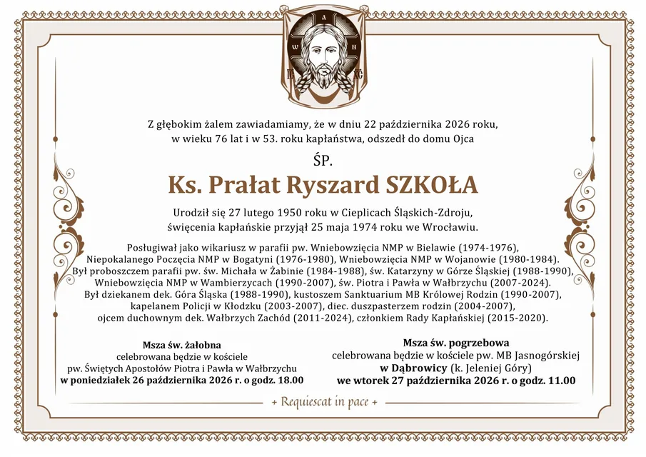 Zmarł ks. prał. Ryszard Szkoła, był proboszcz wałbrzyskiej parafii