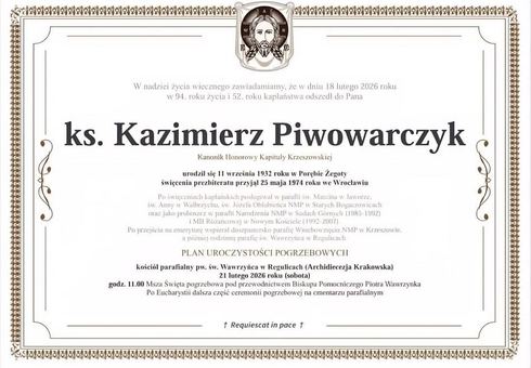 Zmarł Ks. Kazimierz Piwowarczyk
